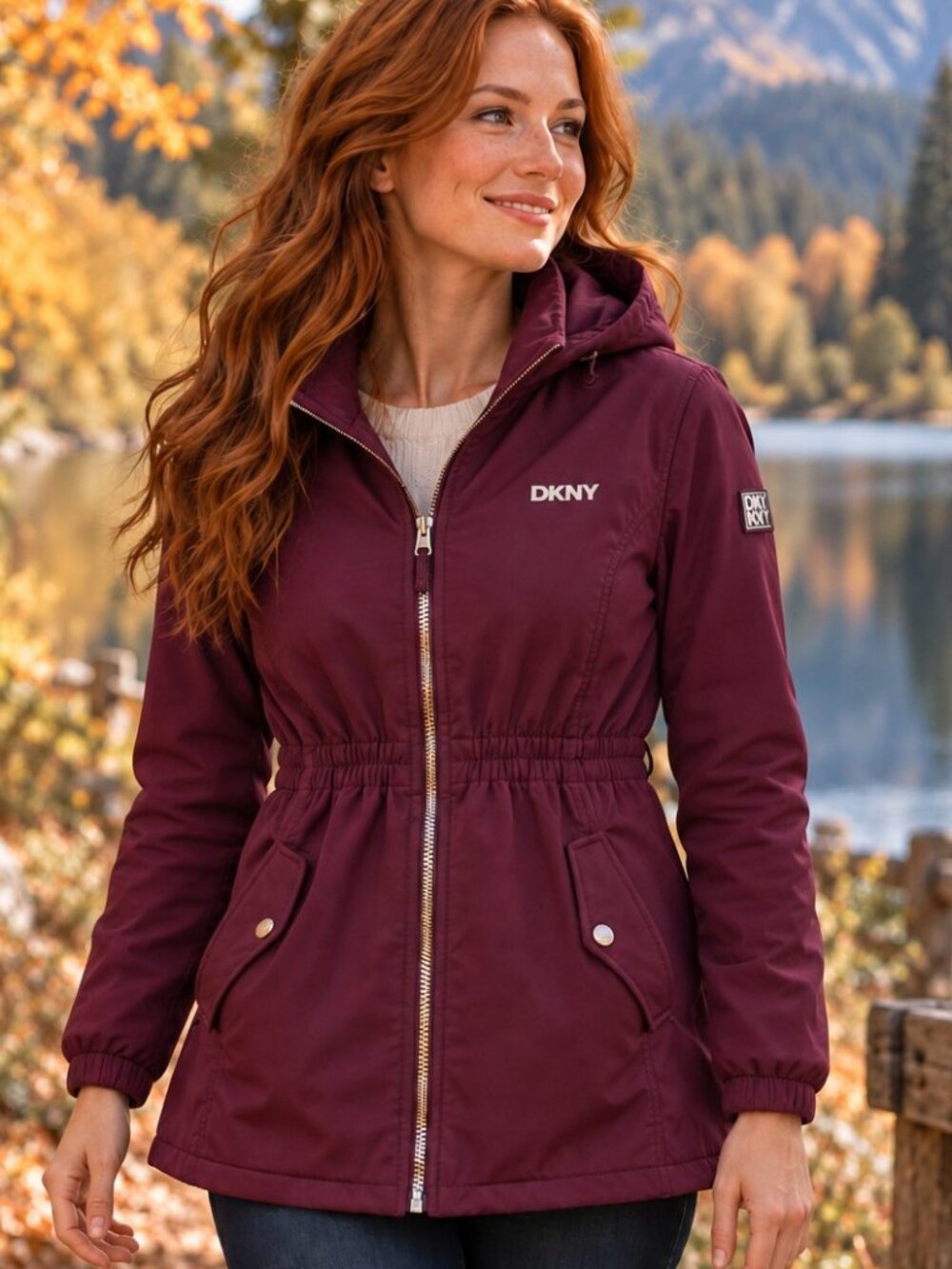 DKNY Hooded Jacket Womens XS Girls 14/16 Burgundy Velvet Lined Cinch Waist